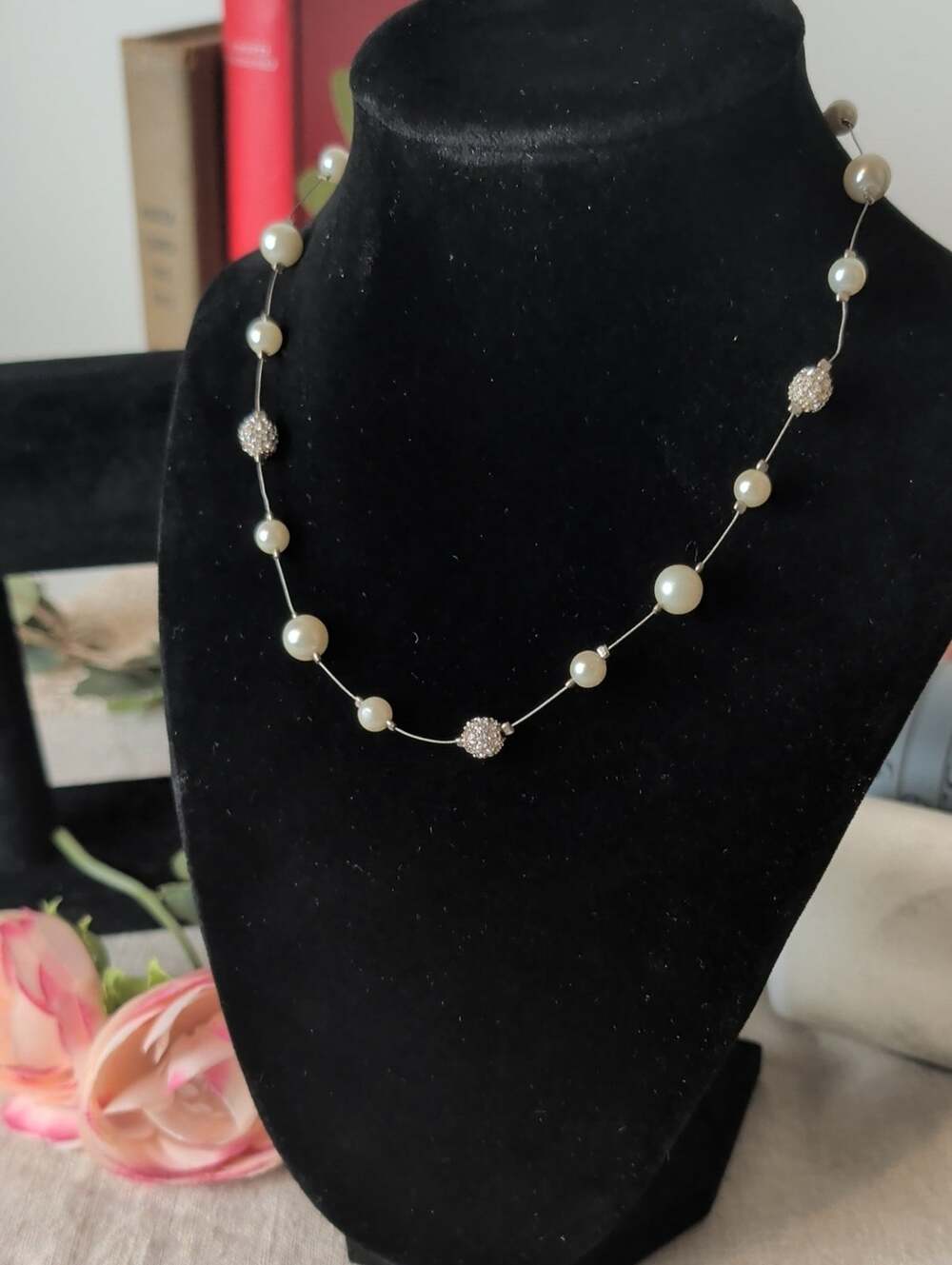 Carolee Ivory Pearl and Crystal Station Necklace Dainty Classic
